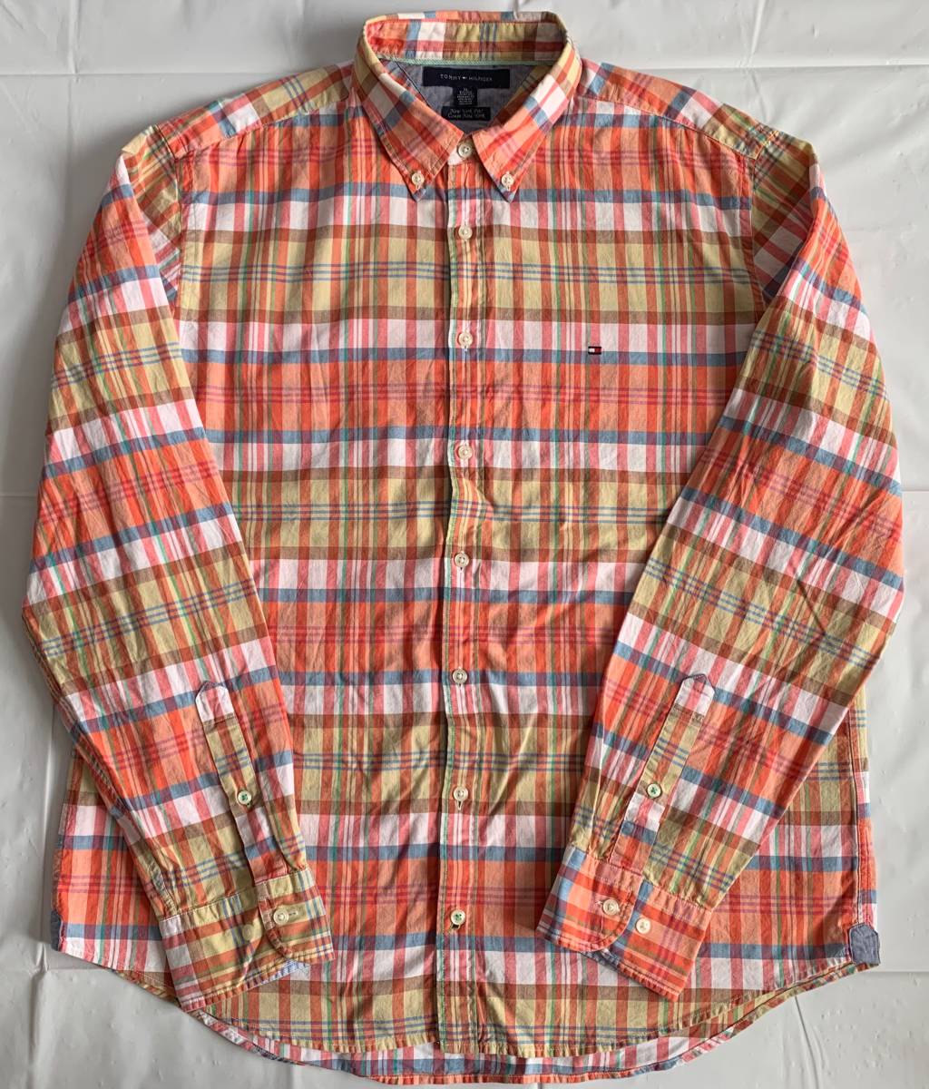 TOMMY HILFIGER 長袖 チェック BD シャツ 2XL 橙青黄緑赤紫白 ビッグサイズ_画像1