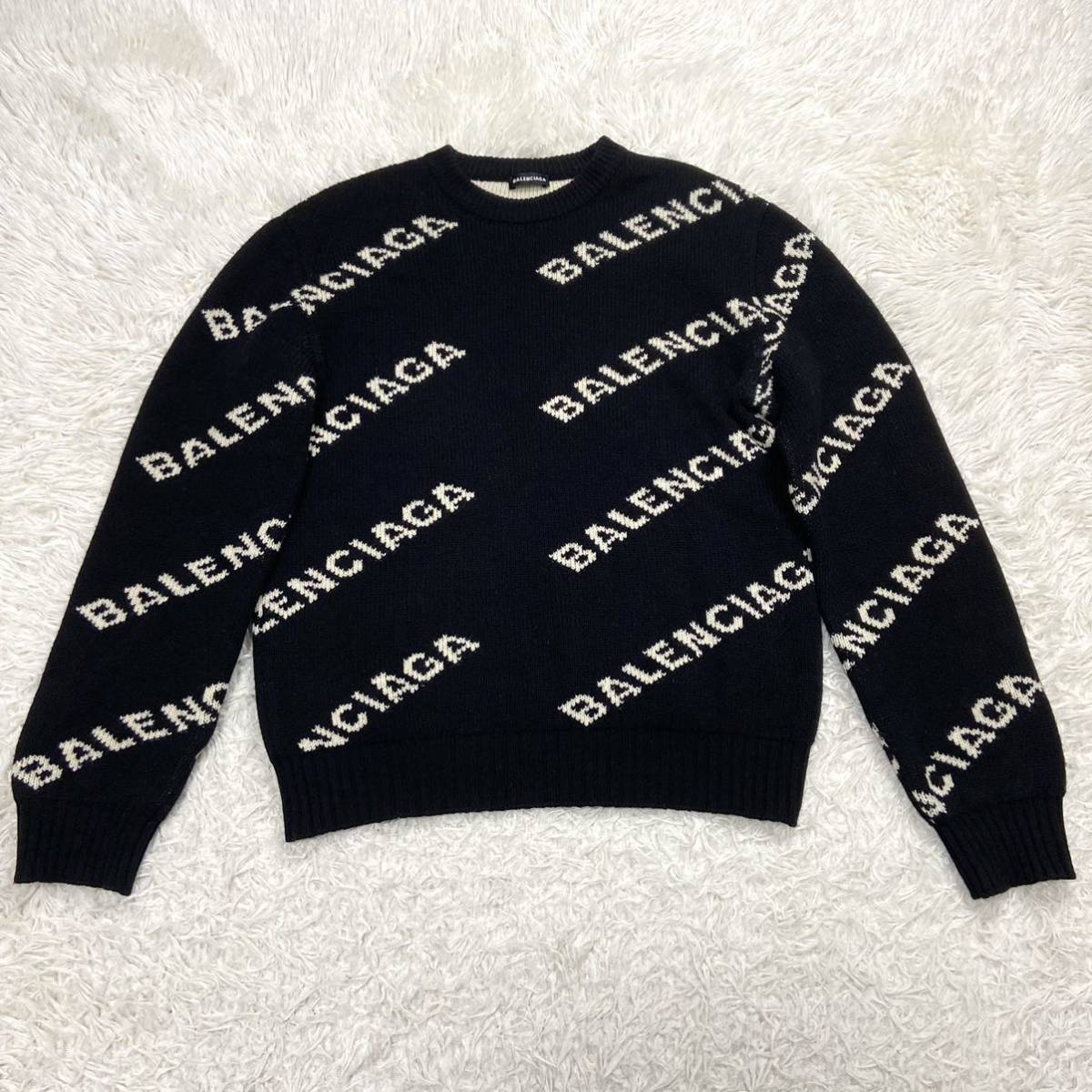 18AW 初期タグ BALENCIAGA オールロゴ ジャガード ニットセーター