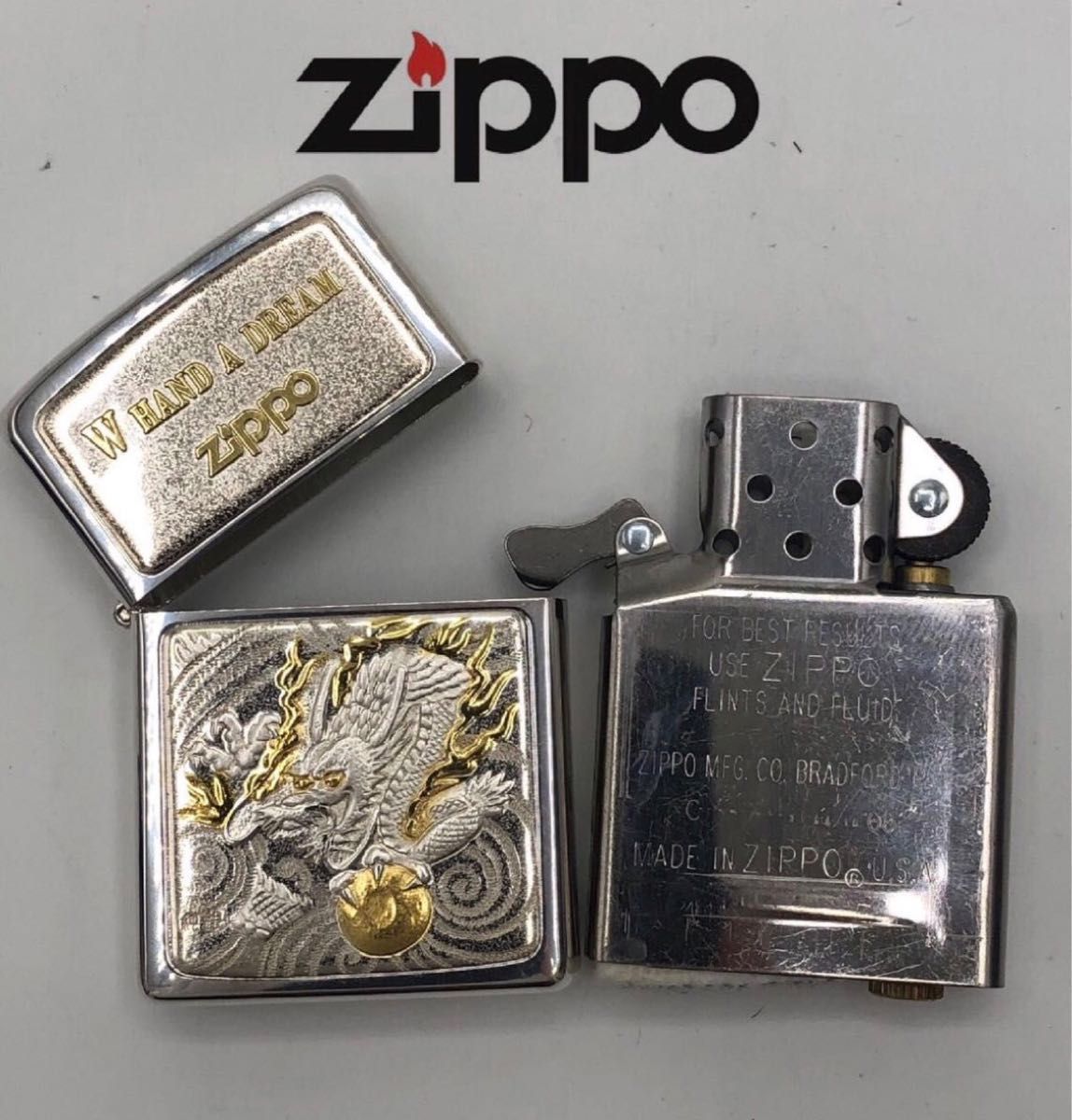 ZIPPO ジッポー　龍 ドラゴン W HAND A DREAM 和柄 銀貼り 20ミクロン 純銀製プレート