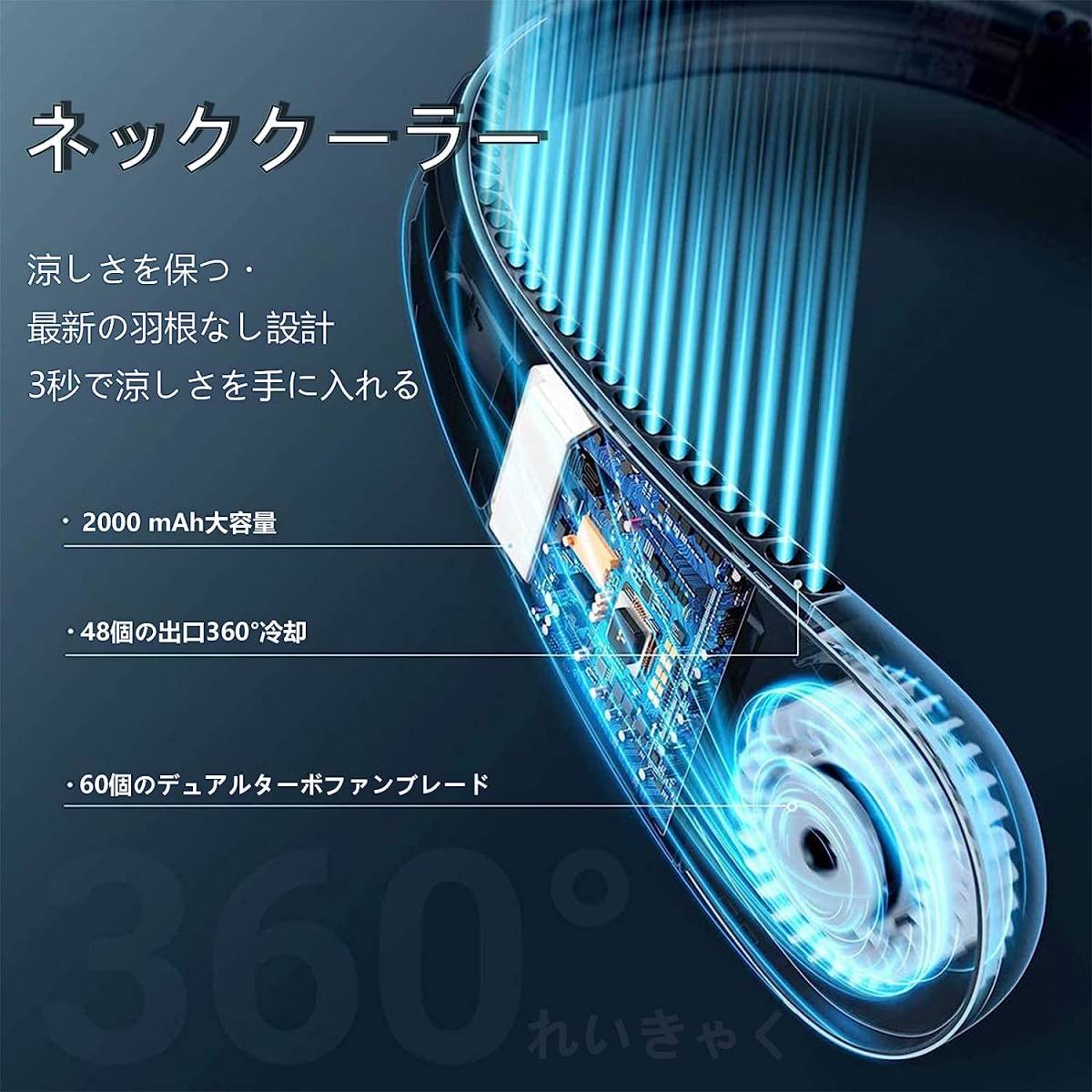 2023新登場 ネッククーラー 首掛け扇風機 携帯扇風機 ターボ羽根なし 髪が絡まない 携帯式扇風機USB充電式 くびかけ扇風機 3段階風量調節 _画像2