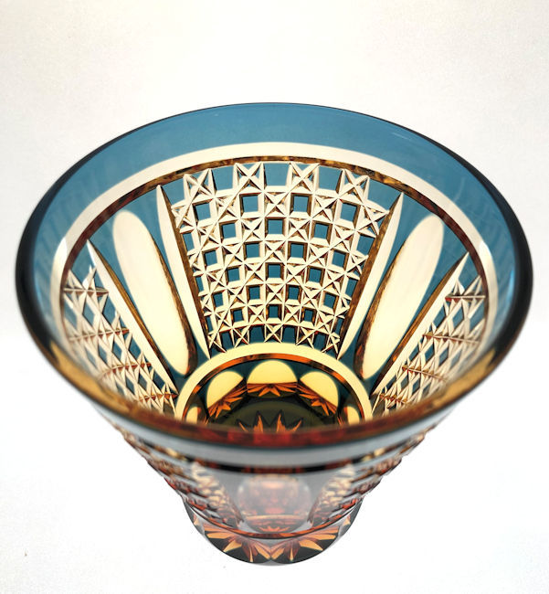 送料無料江戸切子琥珀色藍被せクリスタルロックグラス 市松模様 伝統工芸品 ロックグラス 酒グラス（502）_画像2