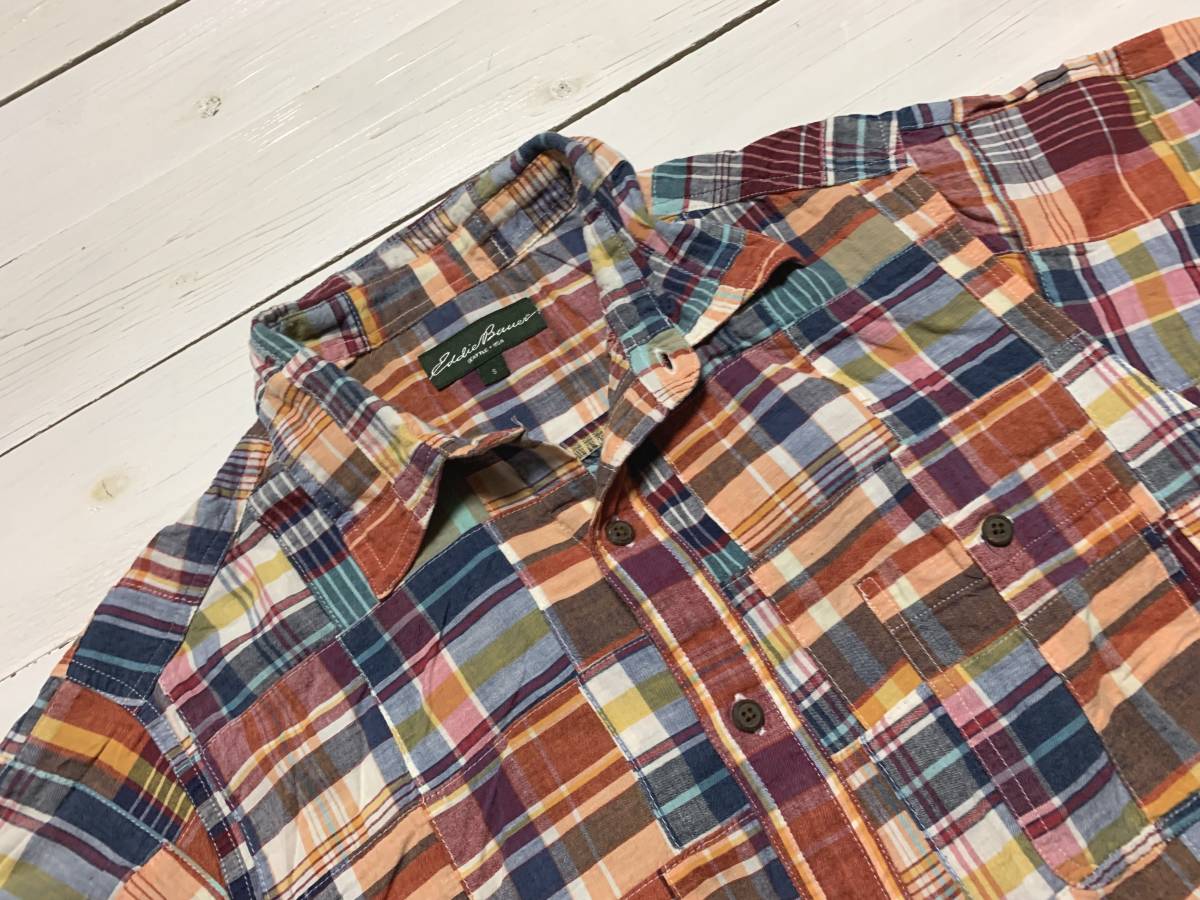 Eddie Bauer 半袖 パッチワーク シャツ S マドラスチェック オレンジ エディーバウアー patchwork madras check_画像4