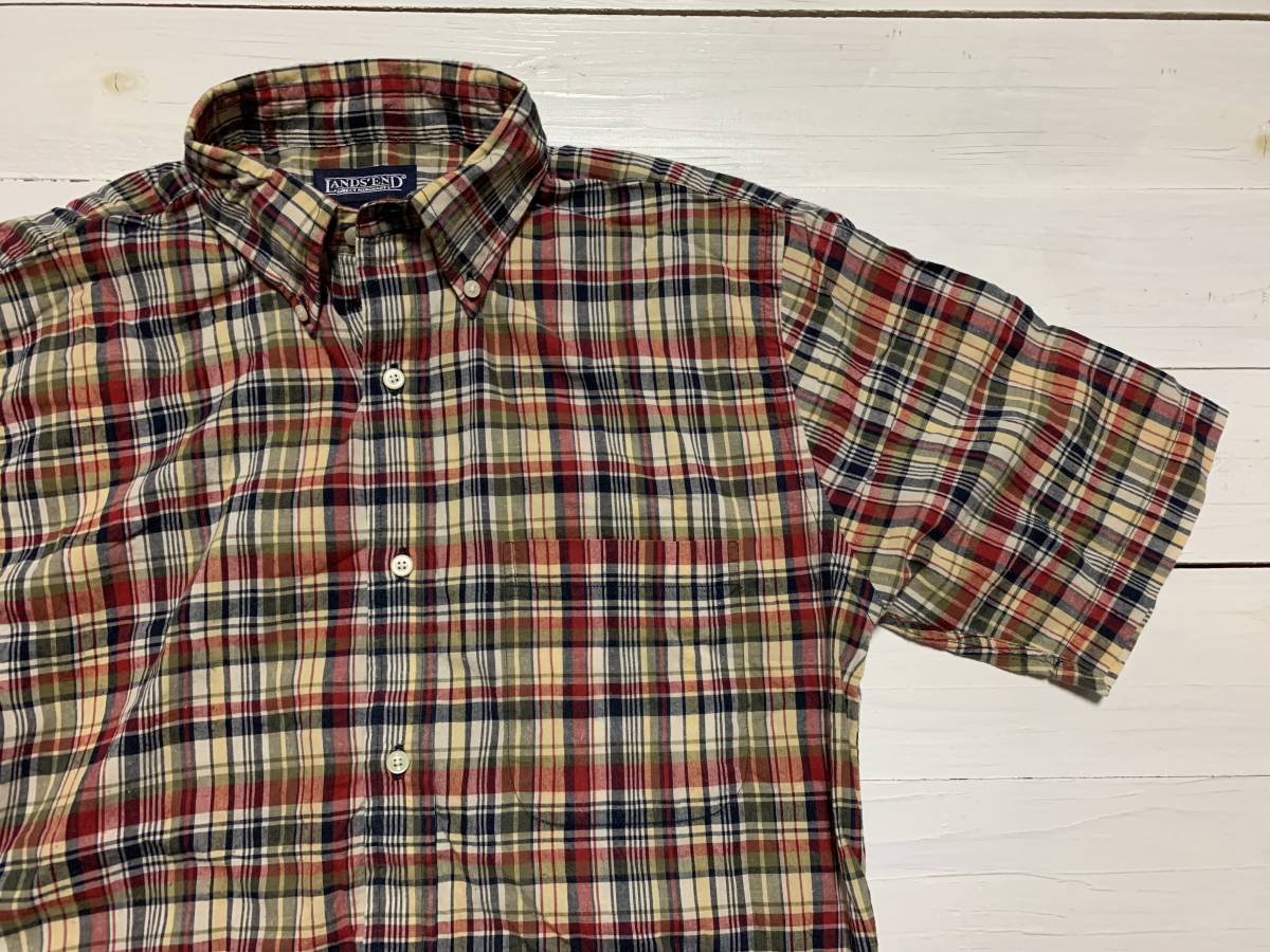 LANDS'END 半袖 マドラスチェック ボタンダウン シャツ S ランズエンド madras checkの画像2