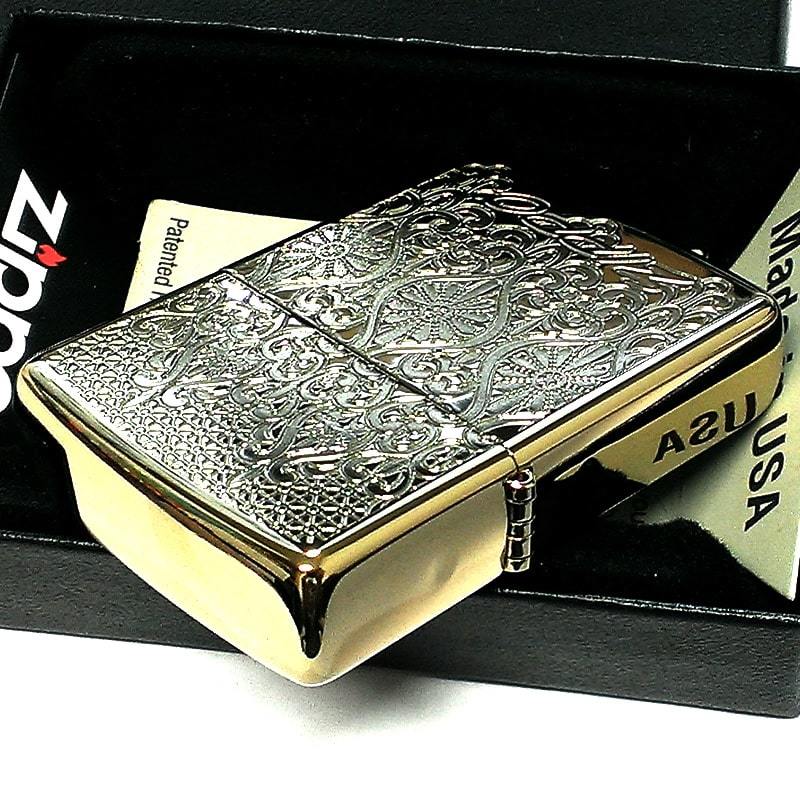 ZIPPO ヨーロピアン レース ジッポ ライター ゴールド 両面加工 エッチング彫刻 中世模様 チタン加工 両面別柄 金 高級 おしゃれ_画像4