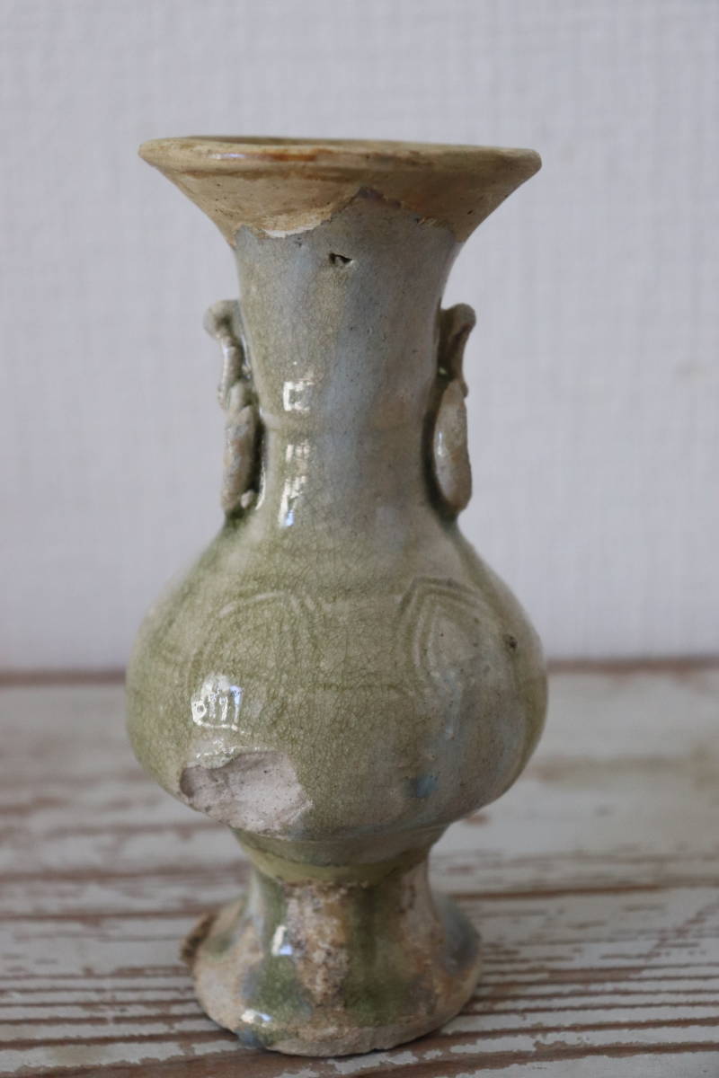 古瀬戸　灰釉連弁紋　仏花瓶　仏花器　鎌倉時代　口辺と下部補修されています　時代箱有