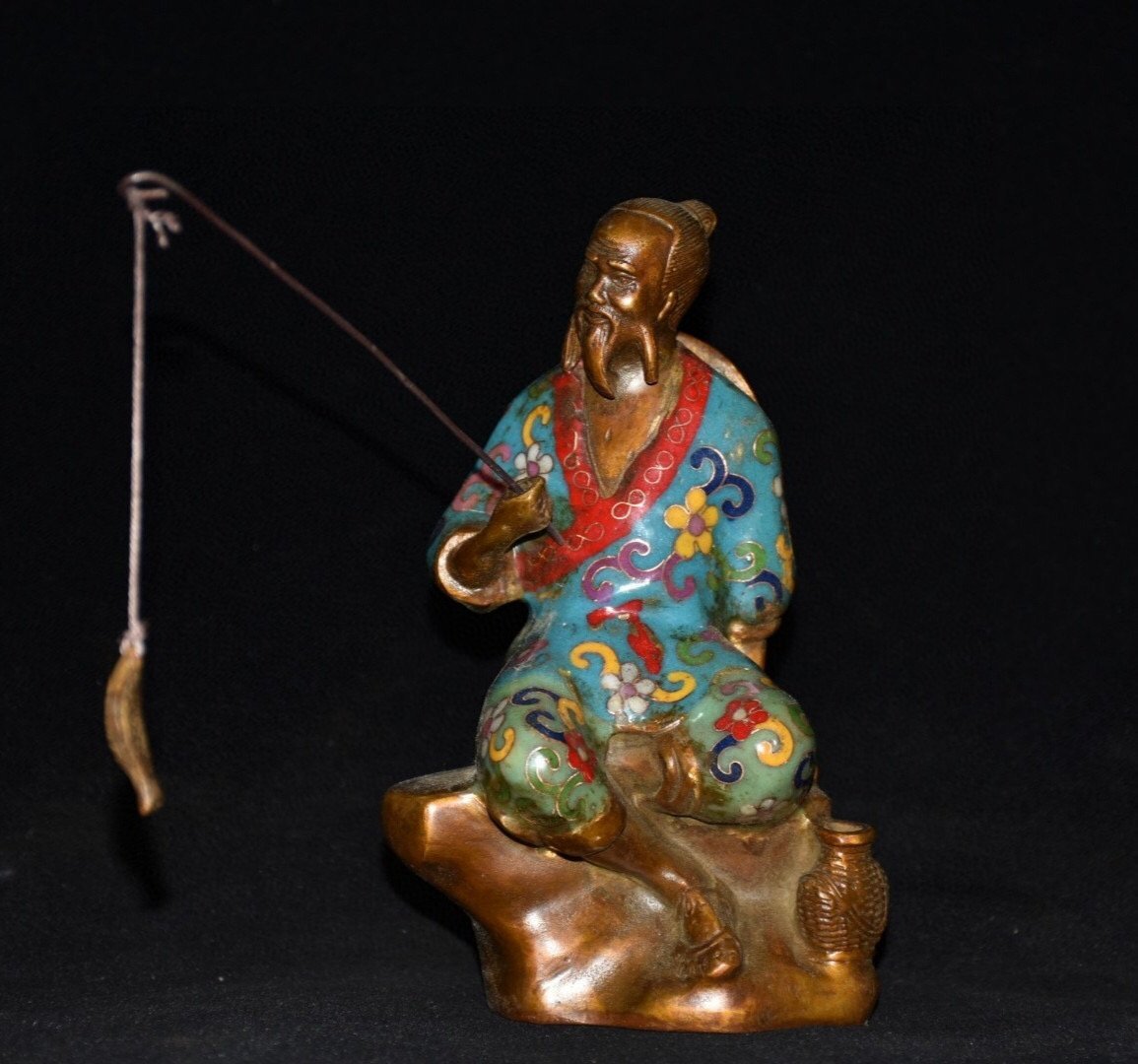 大きな取引古置物極細工賞物置物姜太公釣魚琺瑯彩景泰藍銅製乾隆年製款