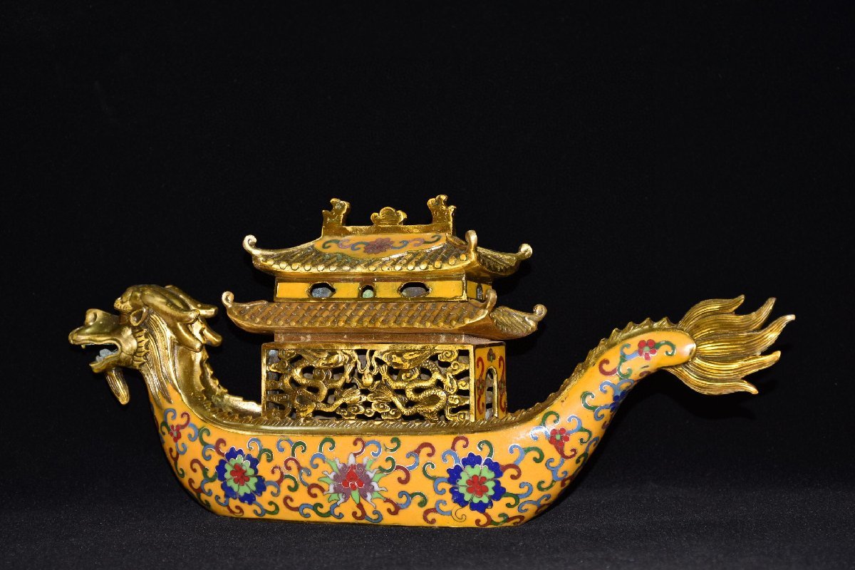 ◇古寳堂◇清 乾隆年製款 銅製 景泰藍 琺瑯彩 一帆風順龍船熏香炉 置物