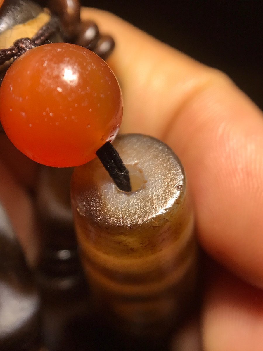 ◇古寳堂◇清 瑪瑙製 細密彫 虎牙天珠 九眼天珠ネックレス 根付 裝身具