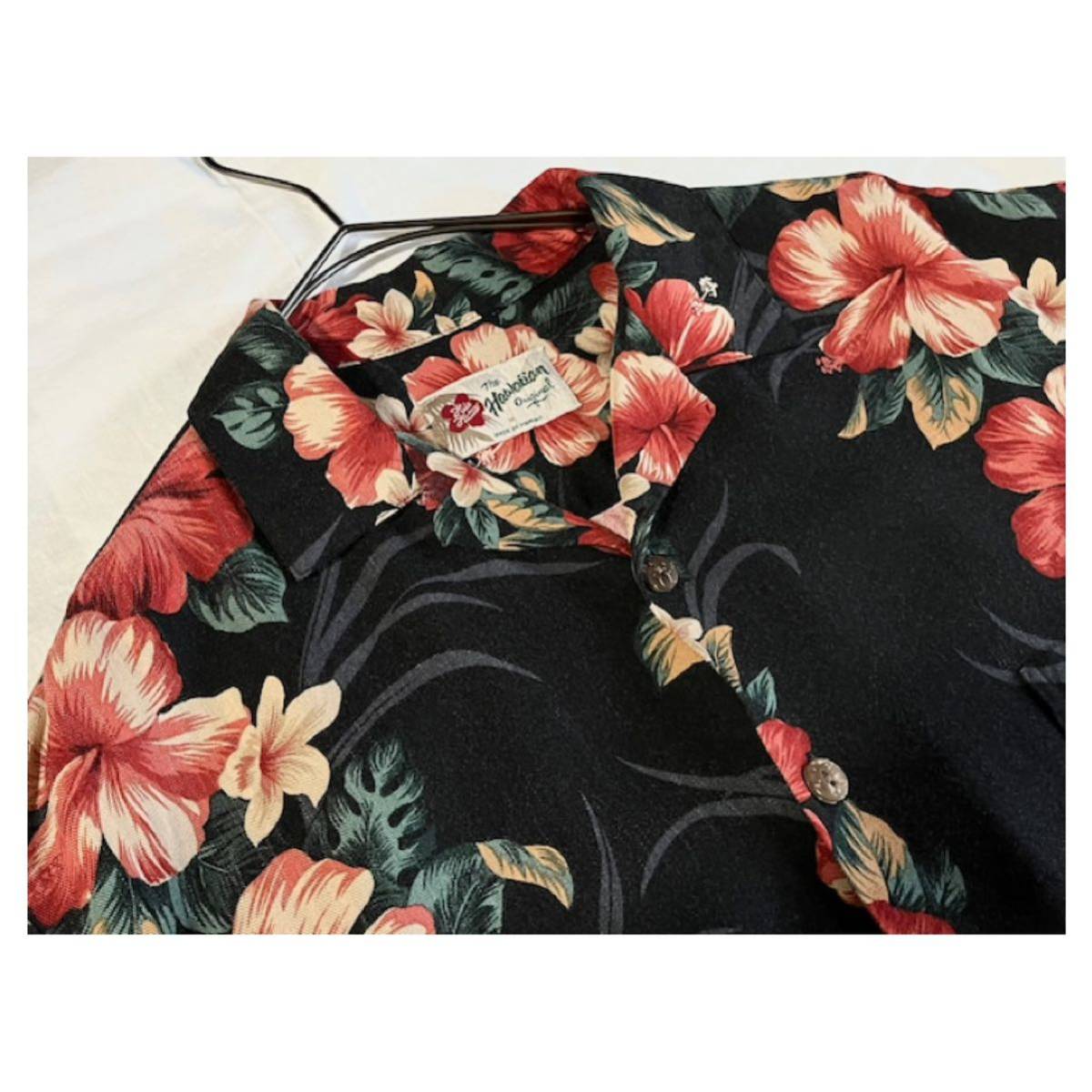90's made in hawaii rayon fabric aroha shirt　black アロハシャツ ハワイアンシャツ 半袖シャツ vintage 総柄シャツ
