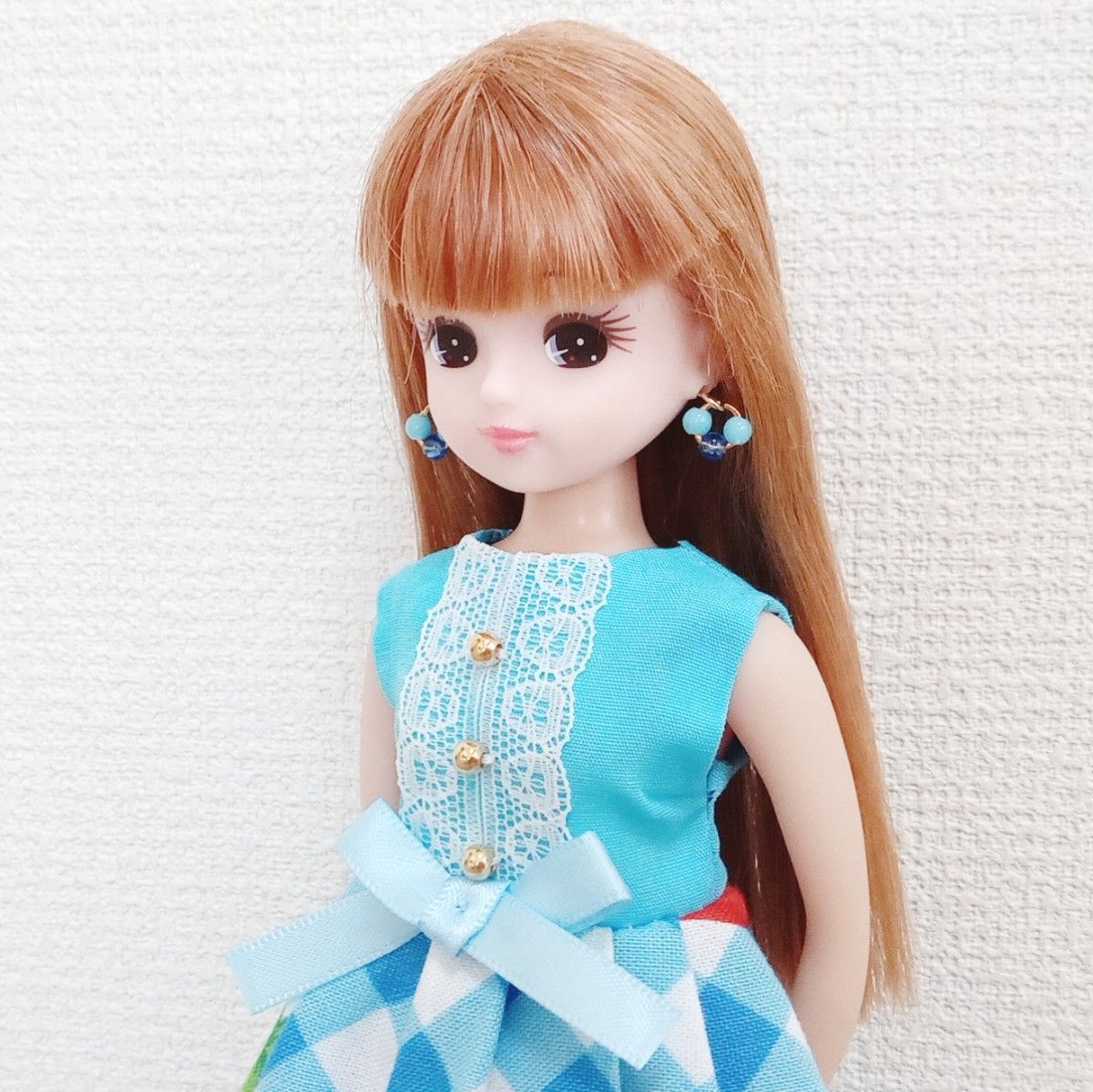 L110 リカちゃん服 リカちゃん人形 ワンピース ピアス 水色×イチゴ柄｜PayPayフリマ