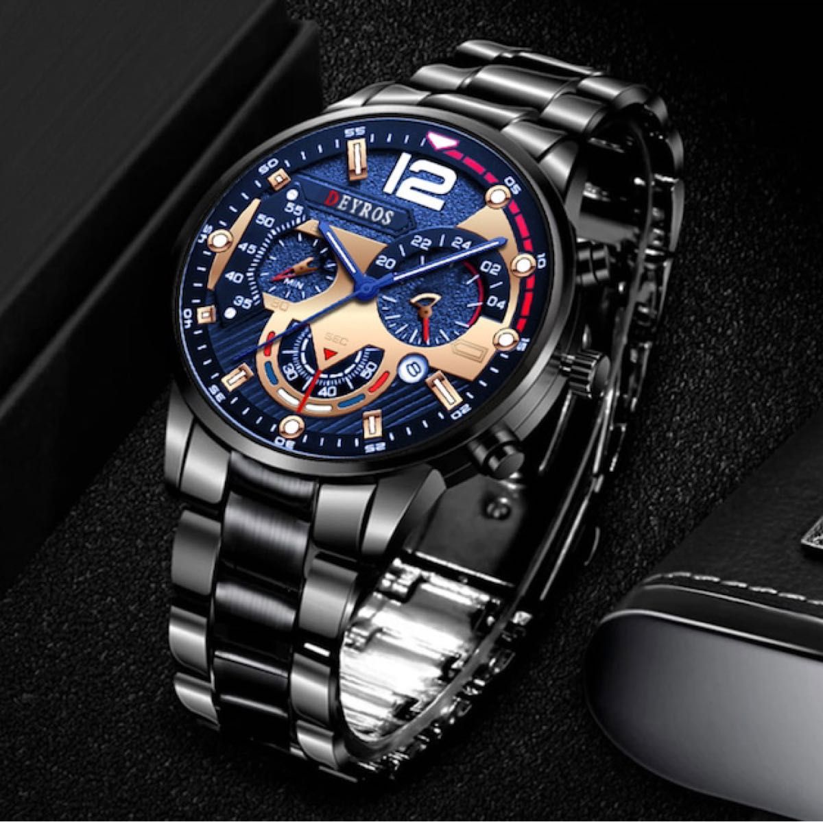 新品 DEYROS クロノグラフ 腕時計メンズ ラグジュアリーステンレス 黒/青