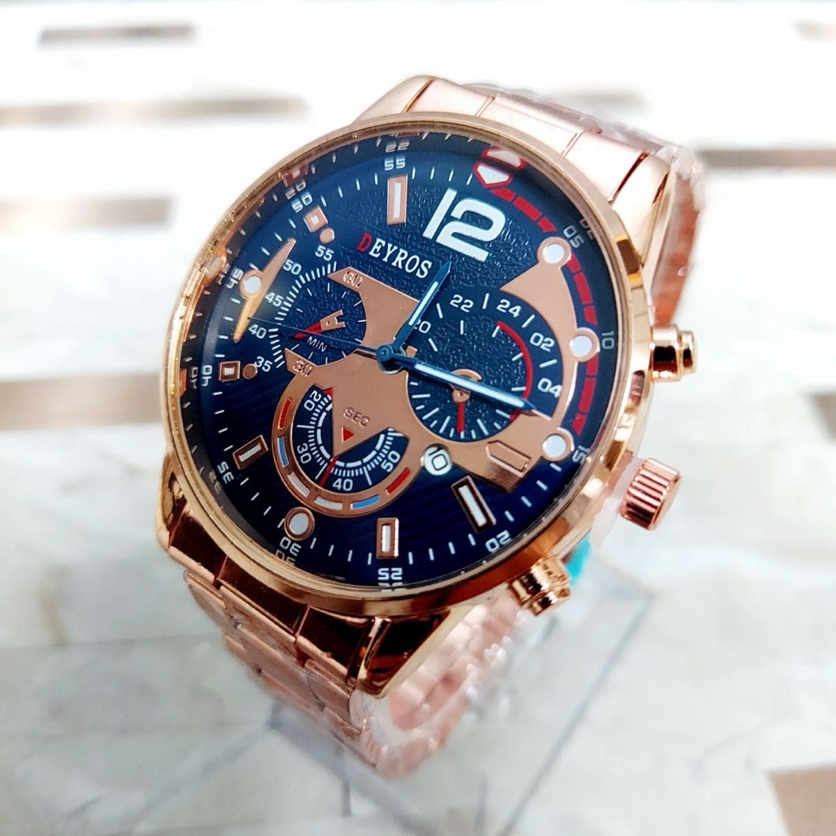 新品 DEYROS クロノグラフ 腕時計メンズ ラグジュアリー ピンク