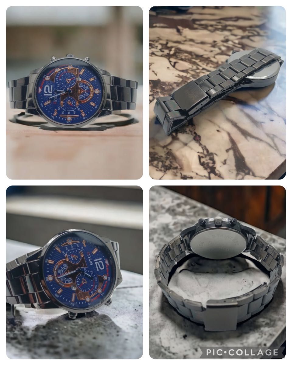 新品 DEYROS クロノグラフ 腕時計メンズ ラグジュアリーステンレス 黒/青