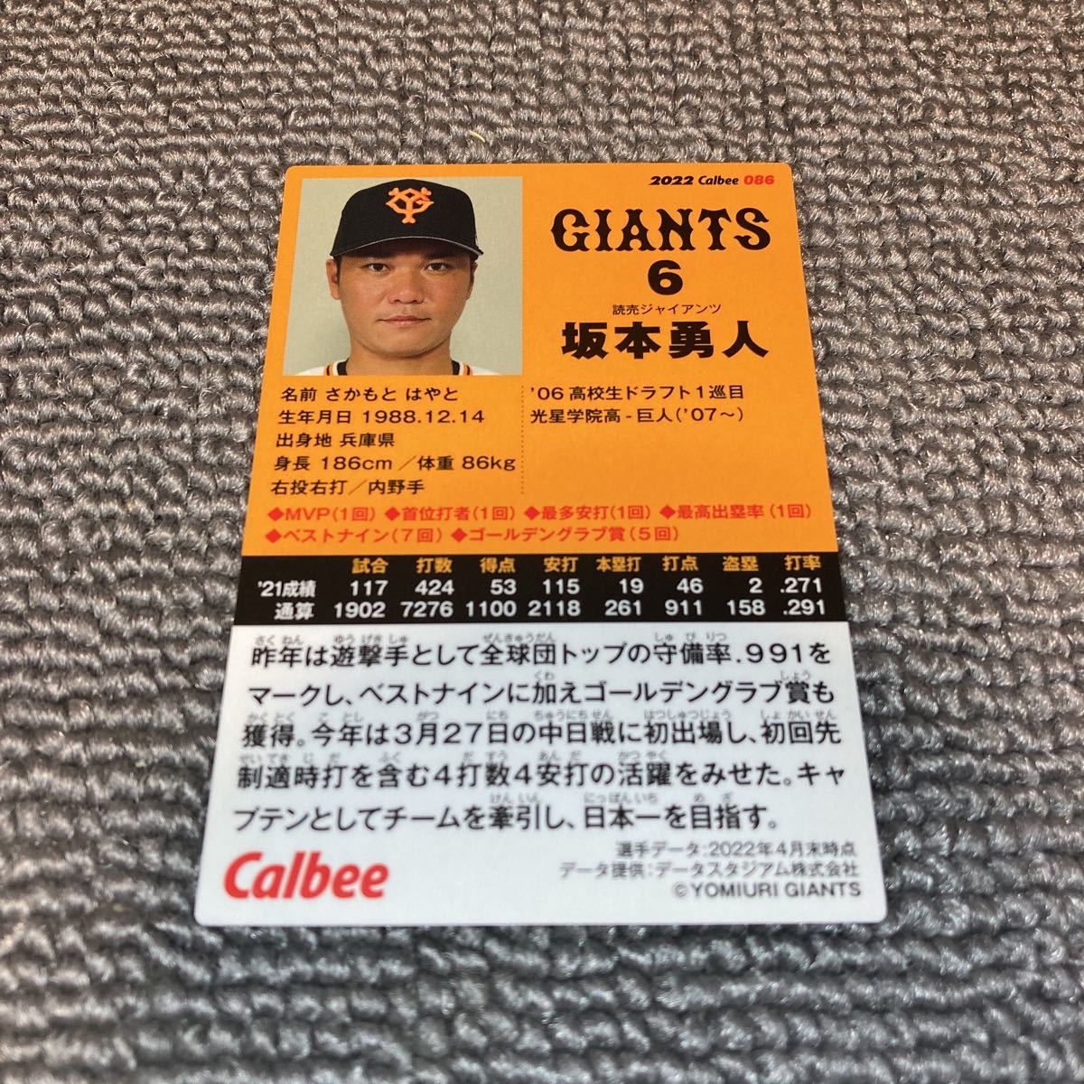 カルビー　2022プロ野球チップス　第2弾　レギュラーカード　086　読売ジャイアンツ　坂本勇人_画像2