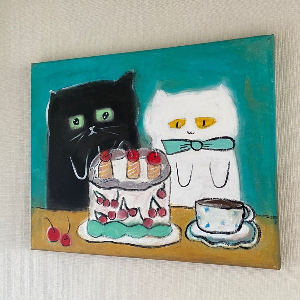 絵画。原画☆キャンバスF6【かわいい猫2匹とビールを飲みます】 絵画。原画☆キャンバスF6【かわいい猫2匹とビールを飲みます】