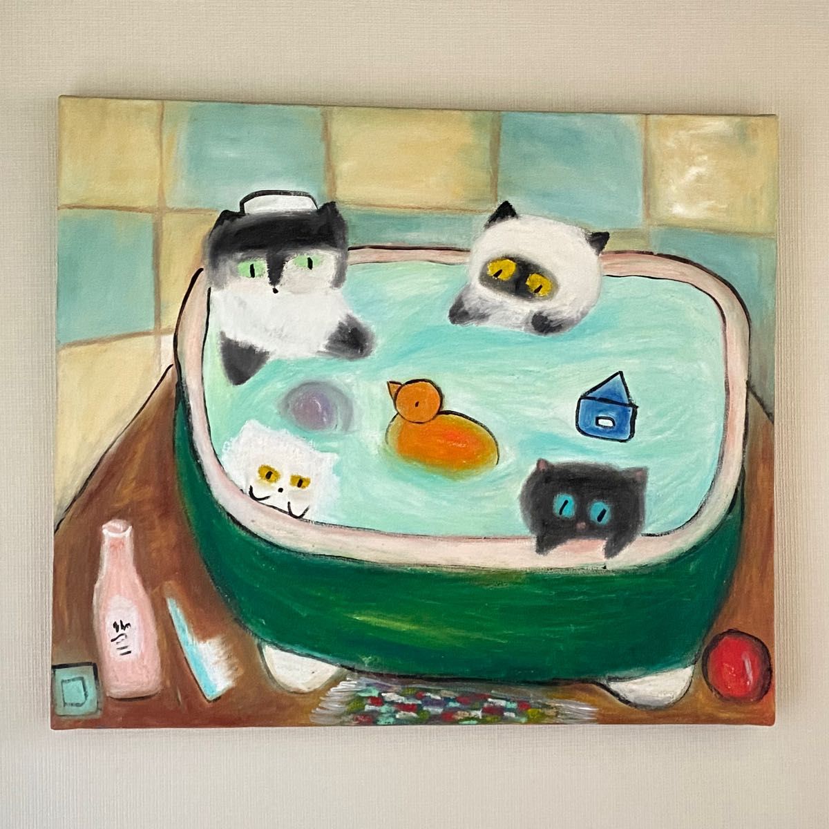 絵画 原画 キャンバスF10【かわいい猫たちが一緒に香ばしいお風呂に