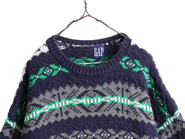 90s ■ OLD GAP フェアアイル コットン ニット セーター ( メンズ XL ) 古着 90年代 オールド ギャップ ノルディック 総柄 ヘビーウェイト_画像2