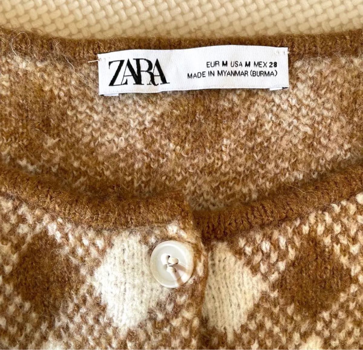 ZARA ザラ アーガイル柄 ニット カーディガン【M】セーター ブラウン brown チェック クロップド