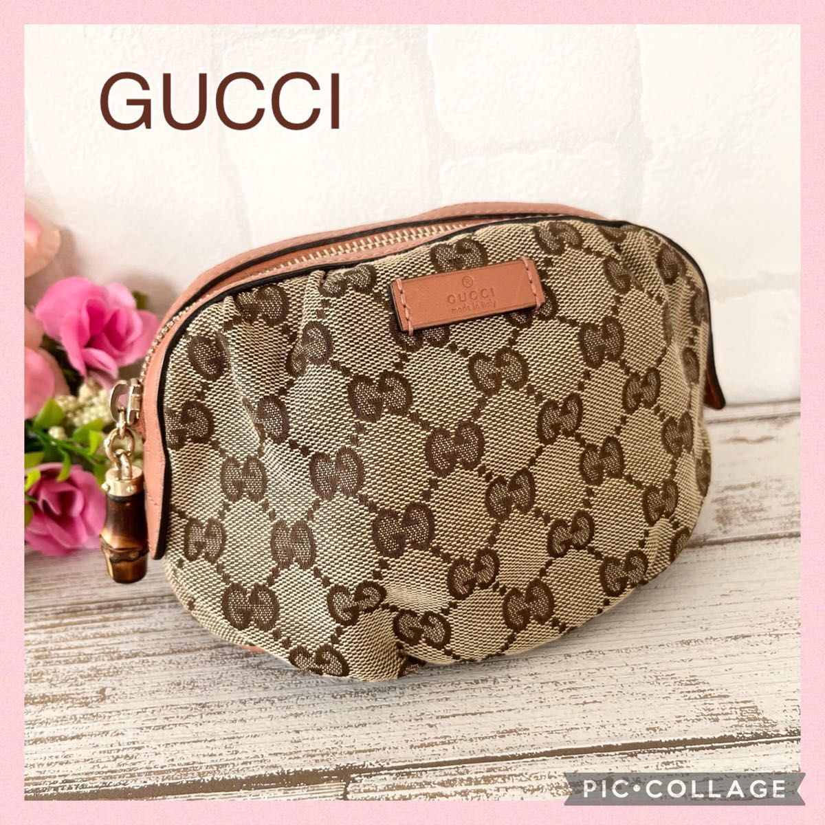 極美品 】GUCCI グッチ 化粧ポーチ GG キャンバス バンブー 美品-