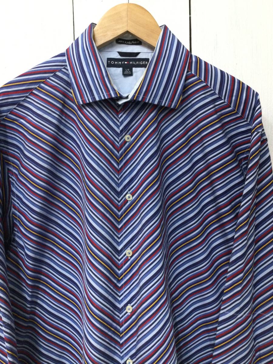 Tommy Hilfiger トミーヒルフィガー ストライプシャツ デザイン ワイシャツ コットン長袖シャツ すそロゴ メンズL 良品_画像2