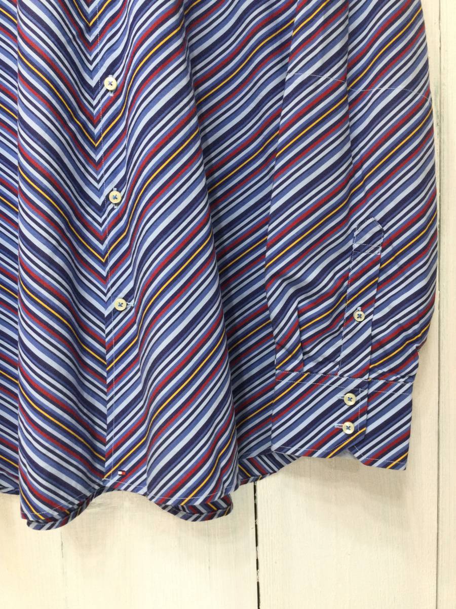 Tommy Hilfiger トミーヒルフィガー ストライプシャツ デザイン ワイシャツ コットン長袖シャツ すそロゴ メンズL 良品_画像5