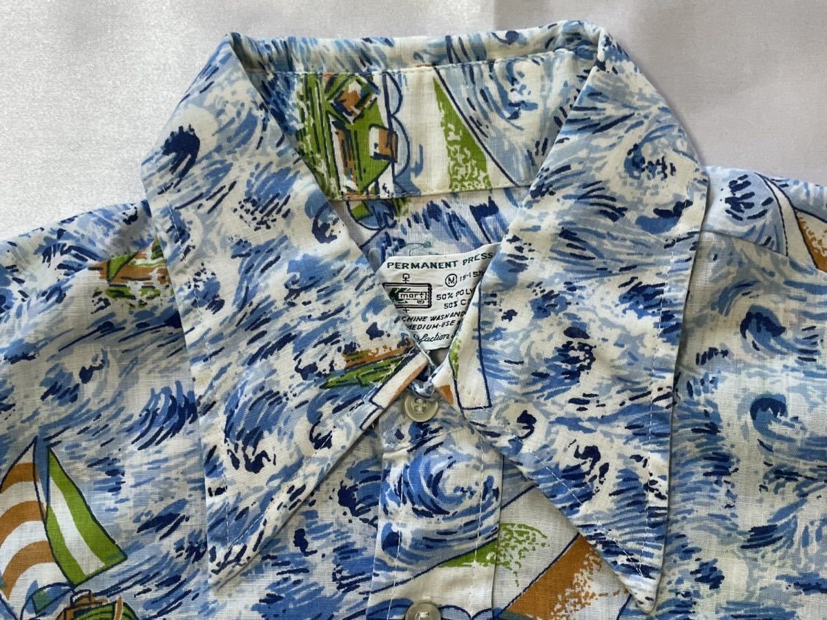 送料無料【Permanet PRESS】Yシャツタイプ アロハシャツ 総柄 メンズMサイズ 爽やかな水色系の画像3