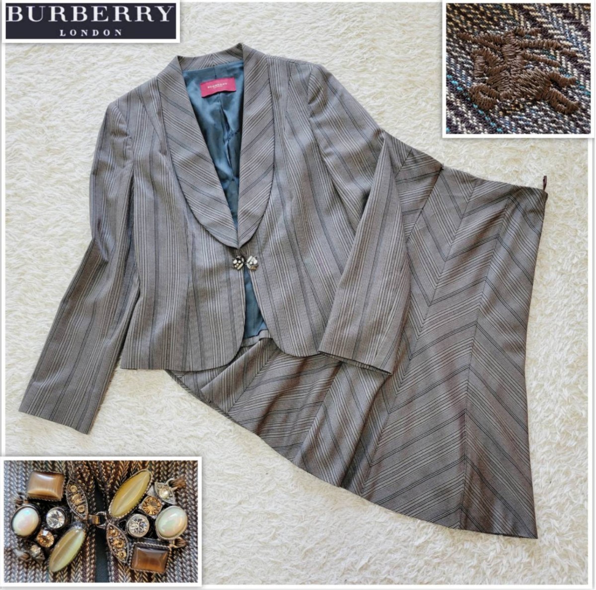 【極美品】希少赤タグ バーバリーロンドン ストライプ スカートスーツセットアップ BURBERRY　London ビジュー 大きいサイズ 44 2XL 3L _画像1