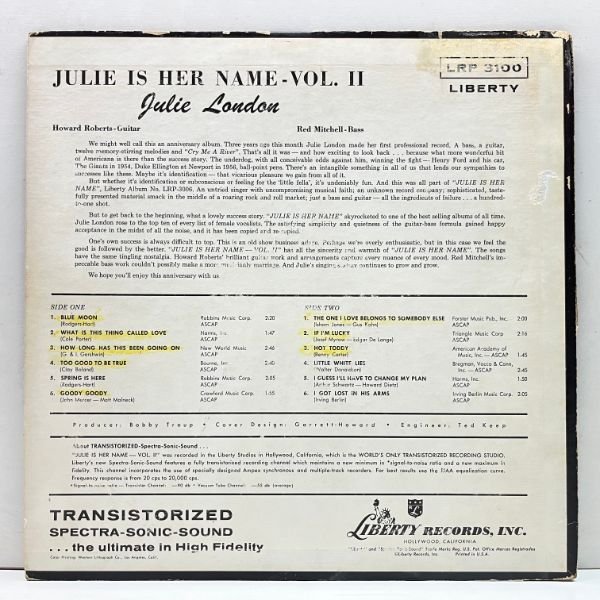 良好盤!音抜群! MONO 初版ターコイズ 深溝 USオリジ JULIE LONDON Is Her Name Volume II 2 ('58 Liberty) Howard Roberts, Red Mitchell_画像2