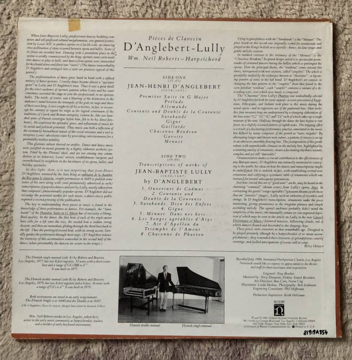 LP-Aug / 米 NONESUCH / Wm. Neil Roberts (Harpsichord) / Pieces de Clavecin D'Anglebert - Lully_画像2