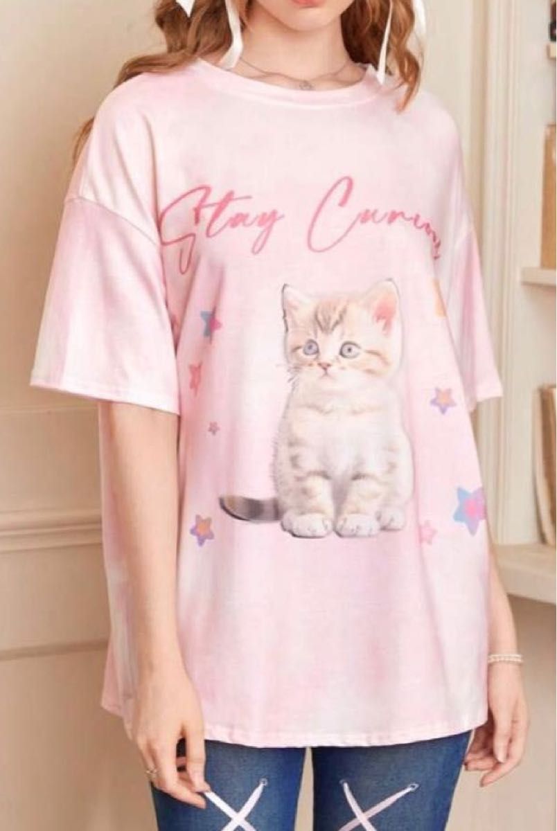 猫柄　半袖Tシャツ　絞り染め　タイダイ　オーバーサイズ　ピンク　子猫