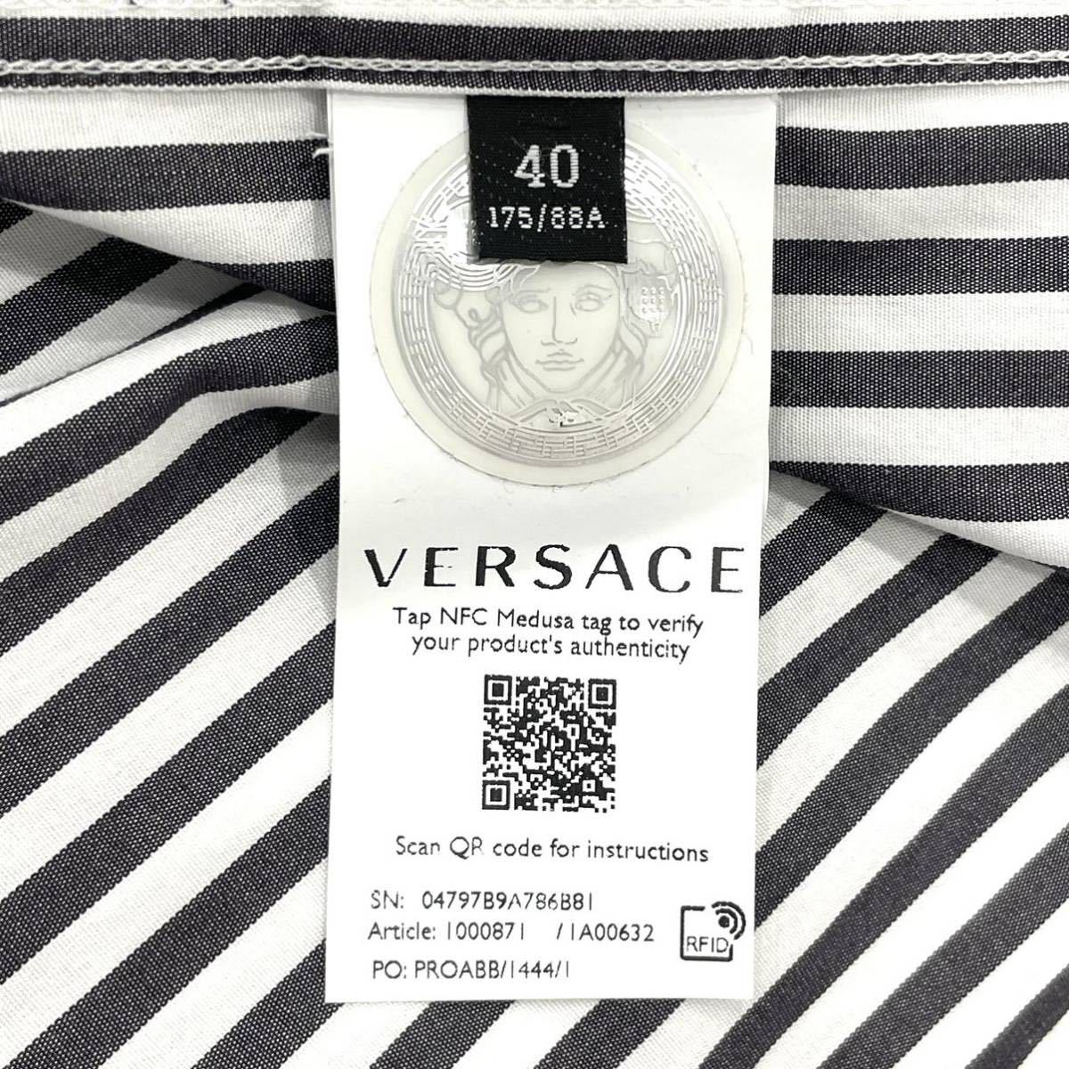 美品 VERSACE ヴェルサーチ 長袖シャツ メドゥーサ ルネサンス 1000871 コットン ストライプ シャツ サイズ40 グレー系 送料無料_画像8