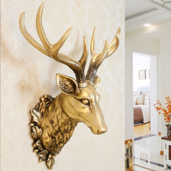 家 装飾 3D 鹿の頭 彫像 46×43cm 壁の装飾 彫刻 ヴィンテージ リビングルーム 樹脂の彫像 アンティーク ゴールド 壁掛け オブジェ：uv118