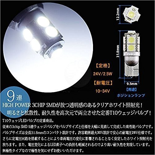 LEDバルブ T10 DC24V専用 2.5W 160ルーメン 6500K ホワイト サムスン 5050チップ 9連 シングル球 無極性 2個セット 90日保証[M便 0/1]