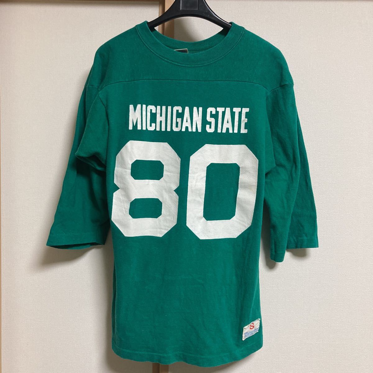 【美品】70s Champion チャンピオン MICHIGAN STATE フットボール Tシャツ グリーン Sサイズ バータグ USA製 バックプリント ビンテージ