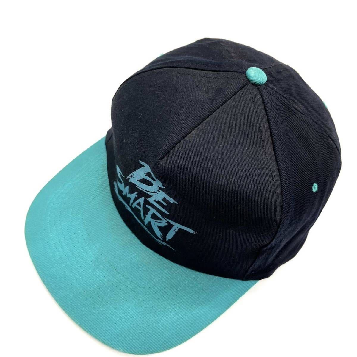 【ヴィンテージ】90s KC Cap製「BE SMART」プリントロゴ 2トーンキャップ ブラック×ミントブルー 5パネル スナップバック 90年代 帽子