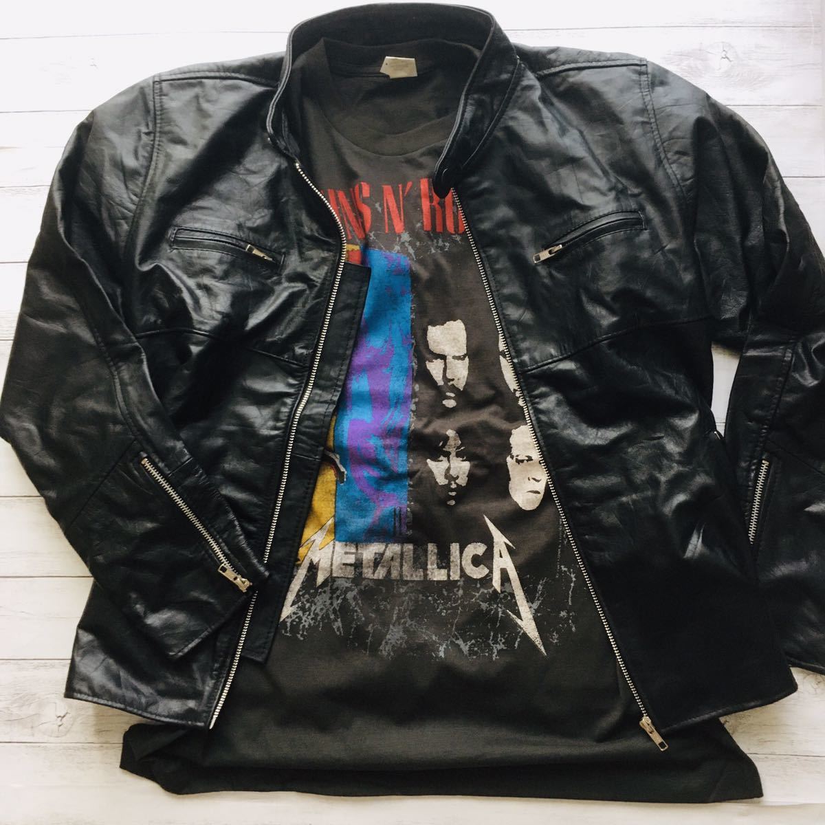 高品質 M 本革レザー シングルライダース×バンドTシャツ ガンズ