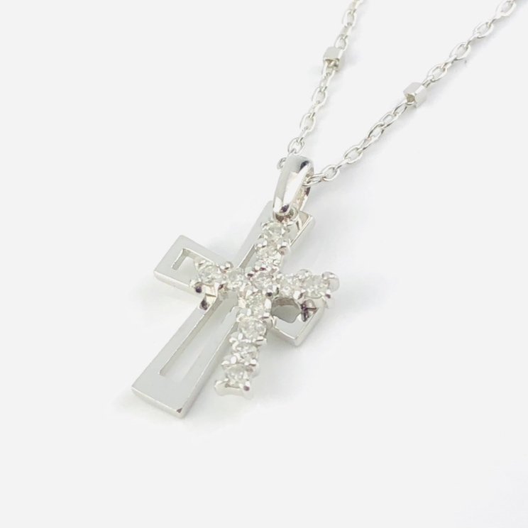 【77】 K10WG ジュエリー ツツミ ネックレス クロス モチーフ 十字架 ダイヤ 普段使い 全長 40cm 1.6ｇ（1192）_画像7