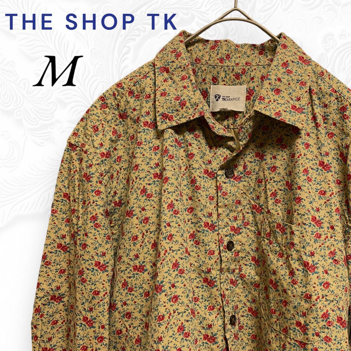 【美品】THE SHOP TK ザショップティーケー メンズ 半袖シャツ 五分袖 M ベージュ 花柄