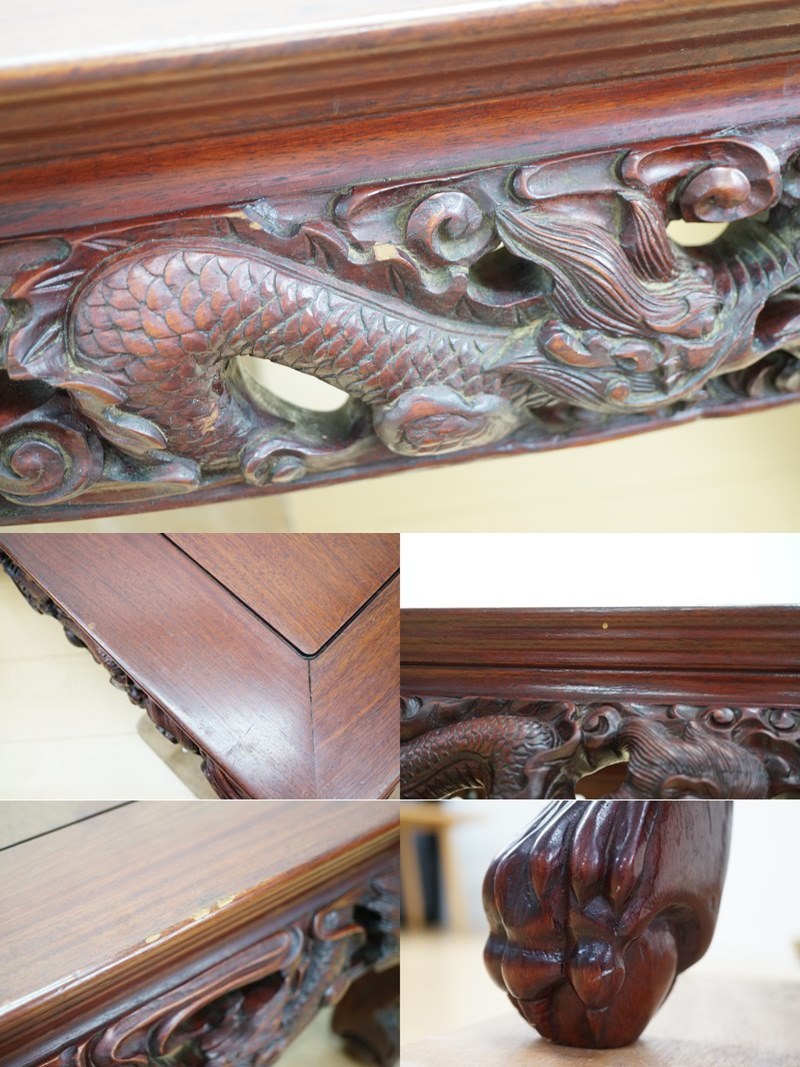 東ハ:【唐木家具】花梨 双龍 透かし彫り 座卓 獣足 約101×54.5㎝ 高さ約33.5㎝ カリン材 竜彫刻 獅子面獣脚 座敷机 茶道具 ★送料無料★