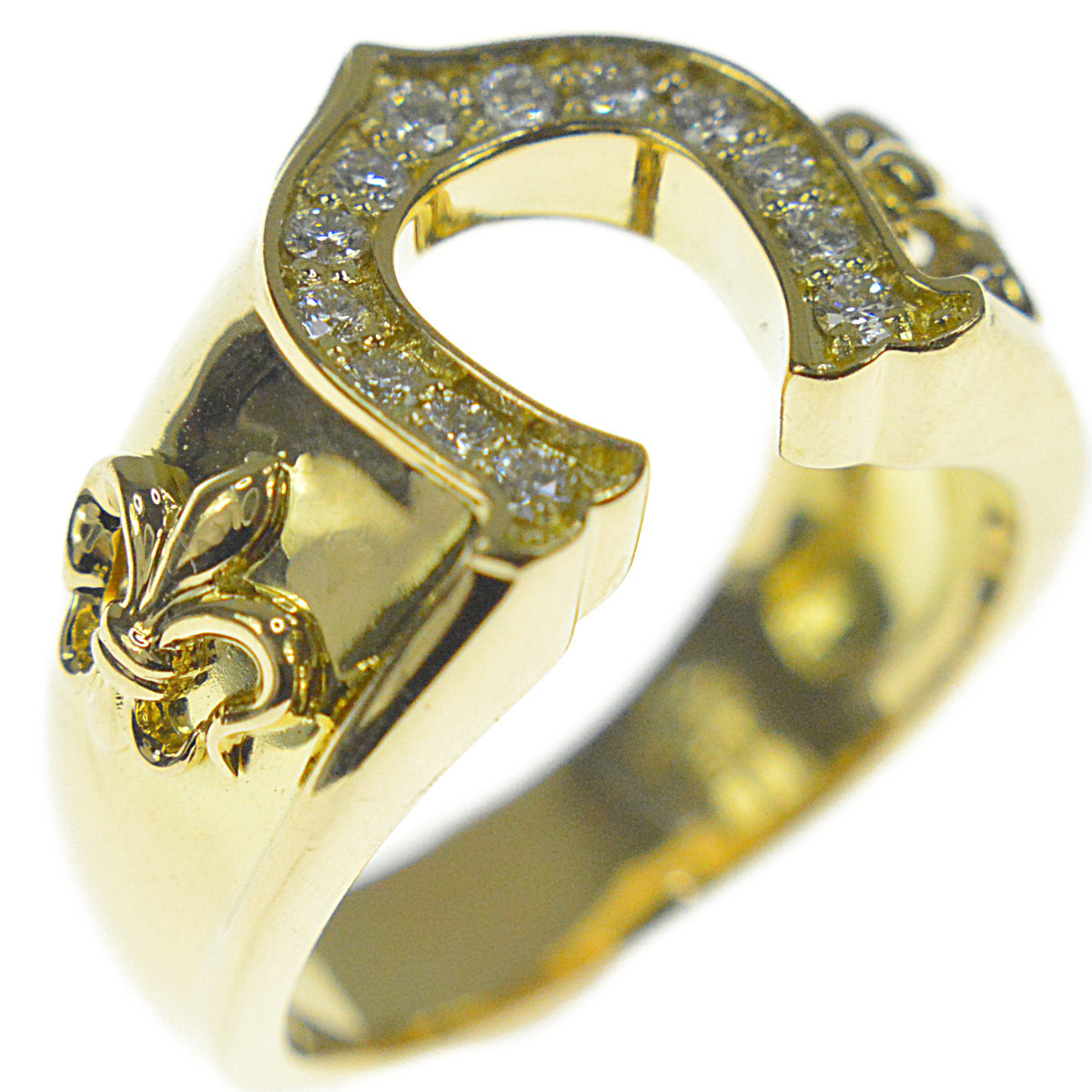 K18YG ダイヤモンド メンズ ジュエリー ホースシュー 馬蹄デザイン 指輪 幸運の象徴 21号 D0.33ct 16.4g