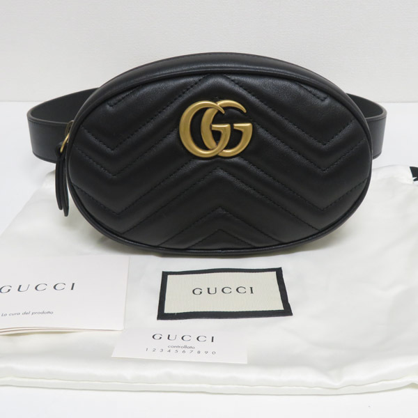 グッチ GUCCI GGマーモント ウエストバッグ ベルトバッグ ショルダー 476434 レザー 黒 新品同様 [質イコー]