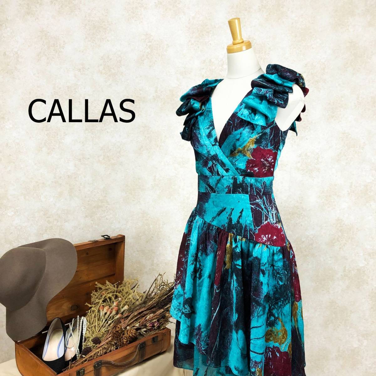 カラス CALLAS ドレス 水色 カラフル フリル ひざ下丈 カシュクール 肩フリル ブルー 個性的 パーティー 発表会 衣装 エレガント B-295_画像1