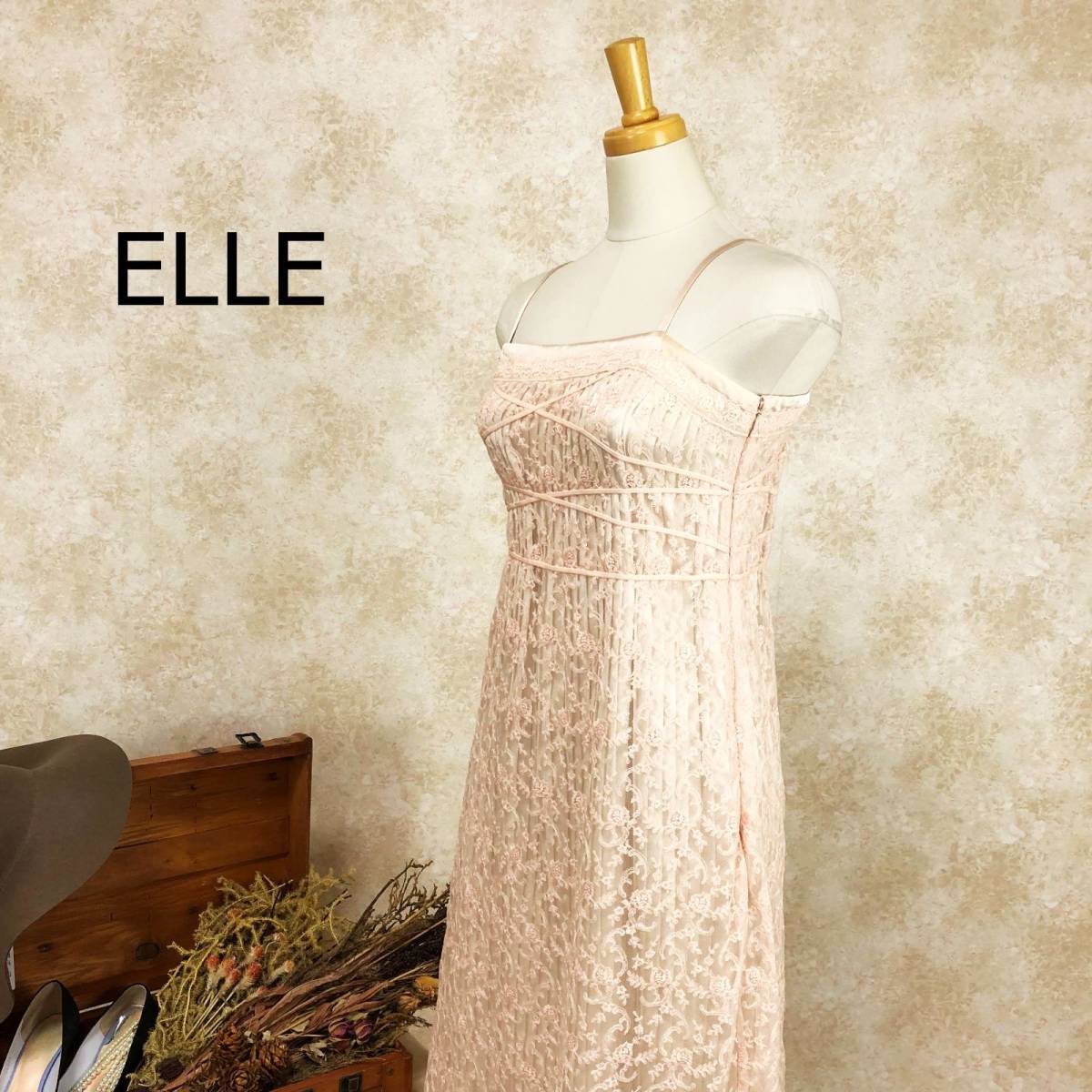 エル ELLE ドレス ピンク サイズ40 S レース シースルー ひざ下丈 日本製 かわいい 結婚式 二次会 パーティー キャミソール B-257_画像1