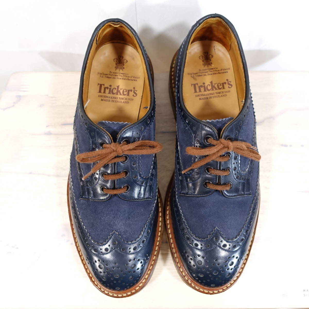 【良品】トリッカーズ スエードコンビフルブローグ BOWOOD 6973 Tricker's UK7.5 JP26.0~26.5相当 ネイビー