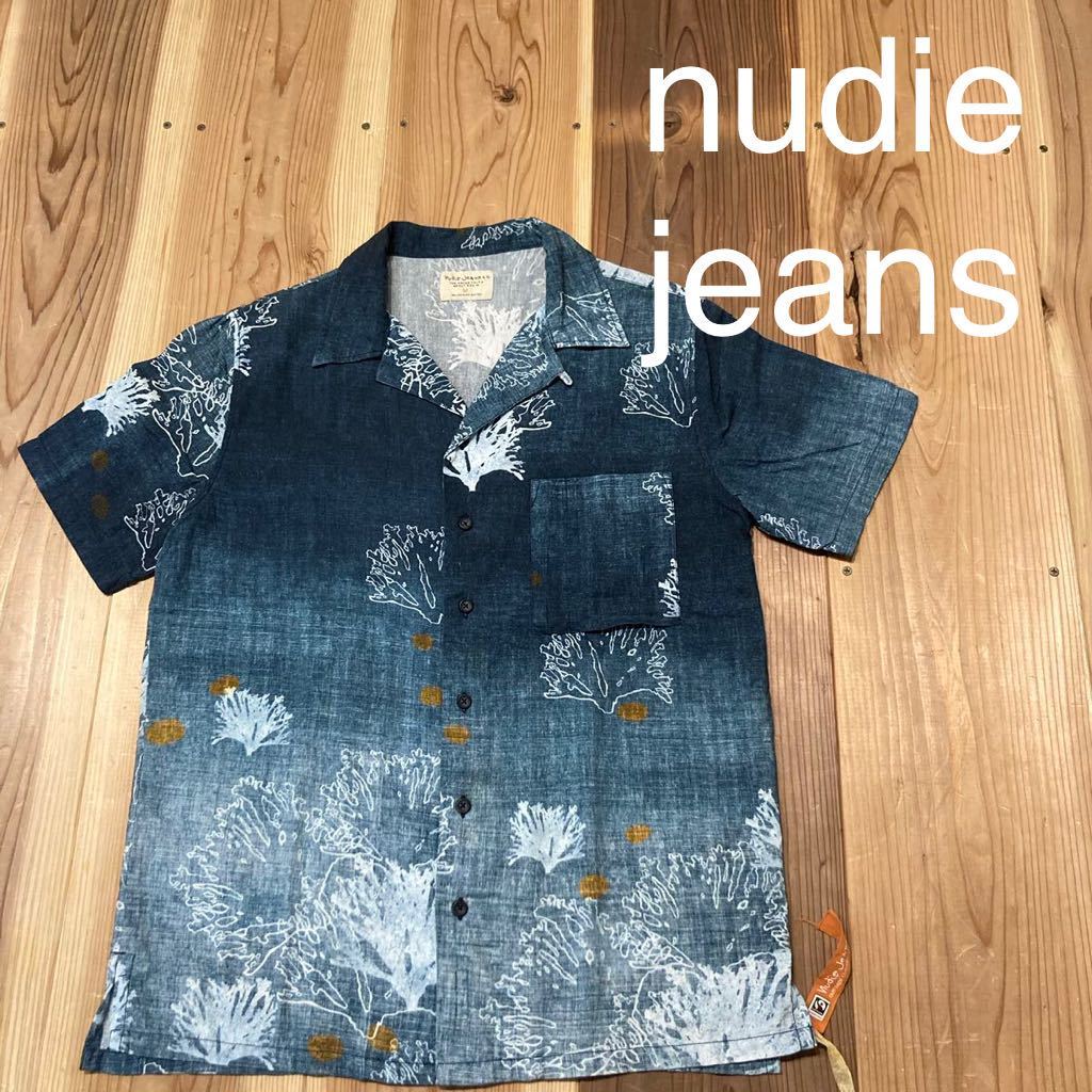 nudie jeans ヌーディージーンズ アロハシャツ コットン 半袖 開襟 総柄 ブルー サイズM 玉mc2018