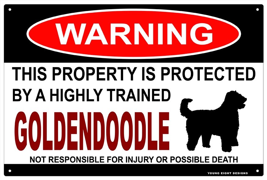 雑貨【Goldendoodle/ゴールデンドゥードル】WARNING/Dog/ドッグ/犬/警告/ヤードサイン/メタルプレート/ブリキ看板-476_画像1