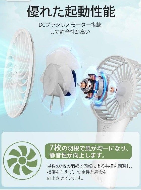 ハンディファン 携帯扇風機【108Gの超軽量設計・静音・風量4段階・ミニミラー付き】手持ち扇風機 充電式 USB ハンディ扇風機