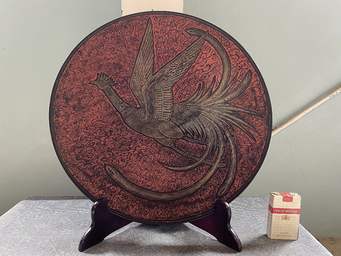 特大！45cm　蒟醤 鳳凰図 キンマ　丸盆/飾り盆/大盆　陽山 作　昇寿園/共箱　讃岐漆器▼讃岐漆芸茶道具民芸品_画像1