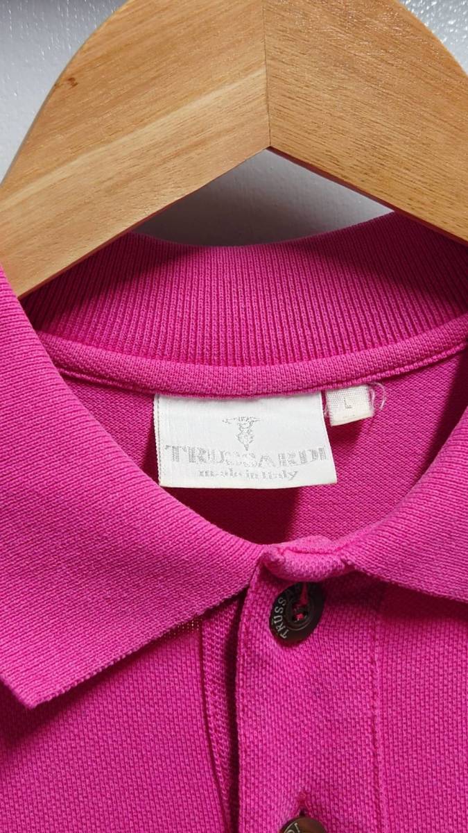 90’s TRUSSARDI イタリア製 ロゴ 刺繍 鹿の子 ポロシャツ マゼンタピンク L 半袖 トラサルディ_画像2