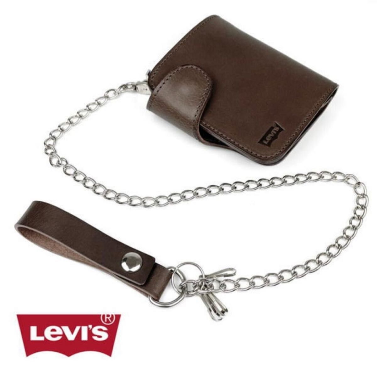チョコ Levis リーバイス 本革 箱 チェーン付 二折財布 8145 ブラウン 茶 Levis リーバイス 本革 箱 チェーン付 二折財布8145